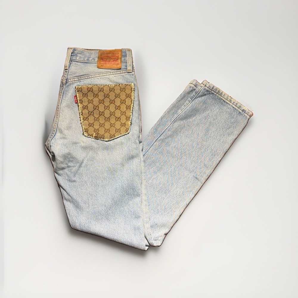 Levi's 501 Reworked Jeans w/ Gucci GG Canvas Pocket Custom One of a Kind W25 L32